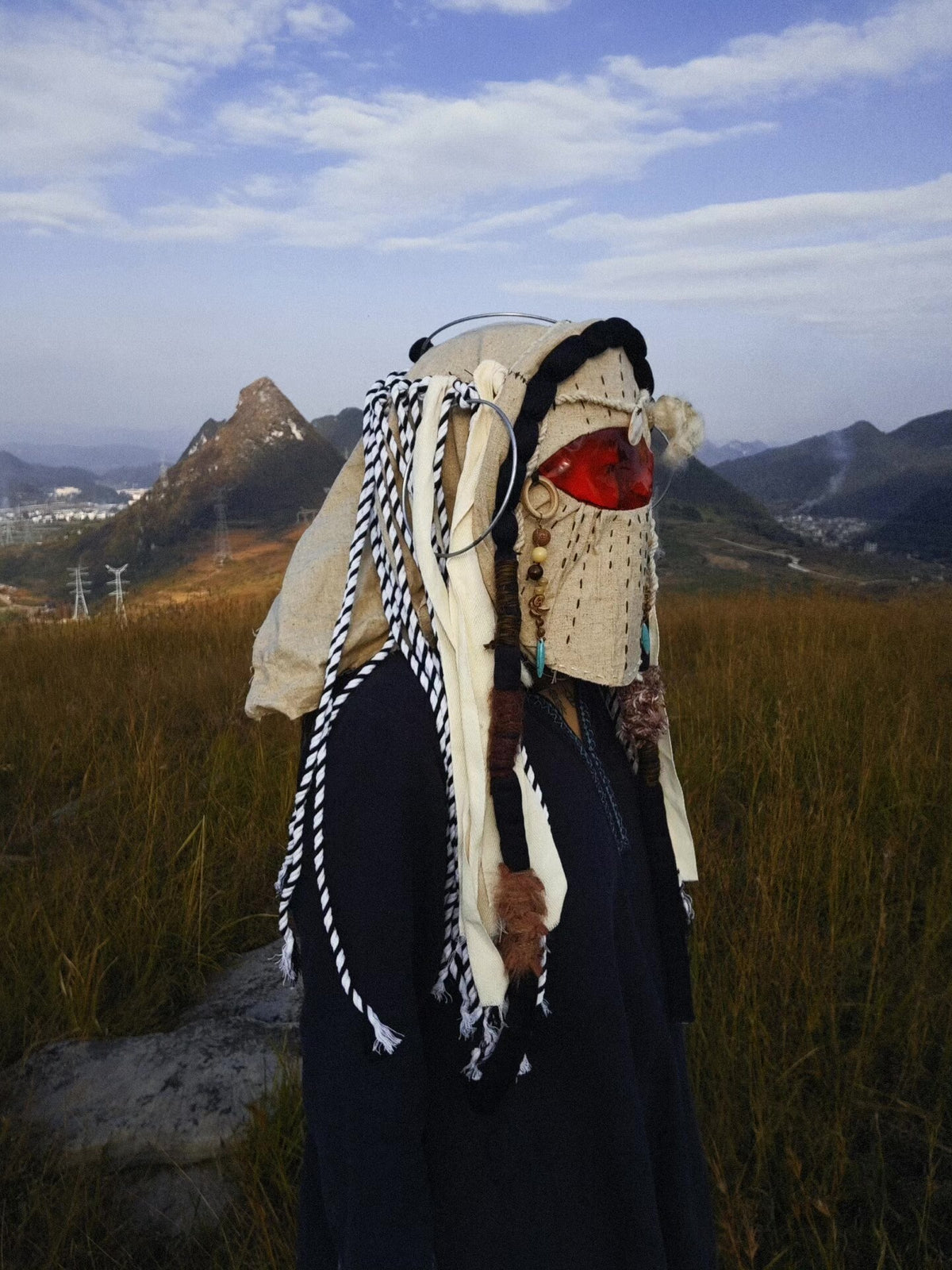 Tibetan Style Hood Mask with Beaded Tassels