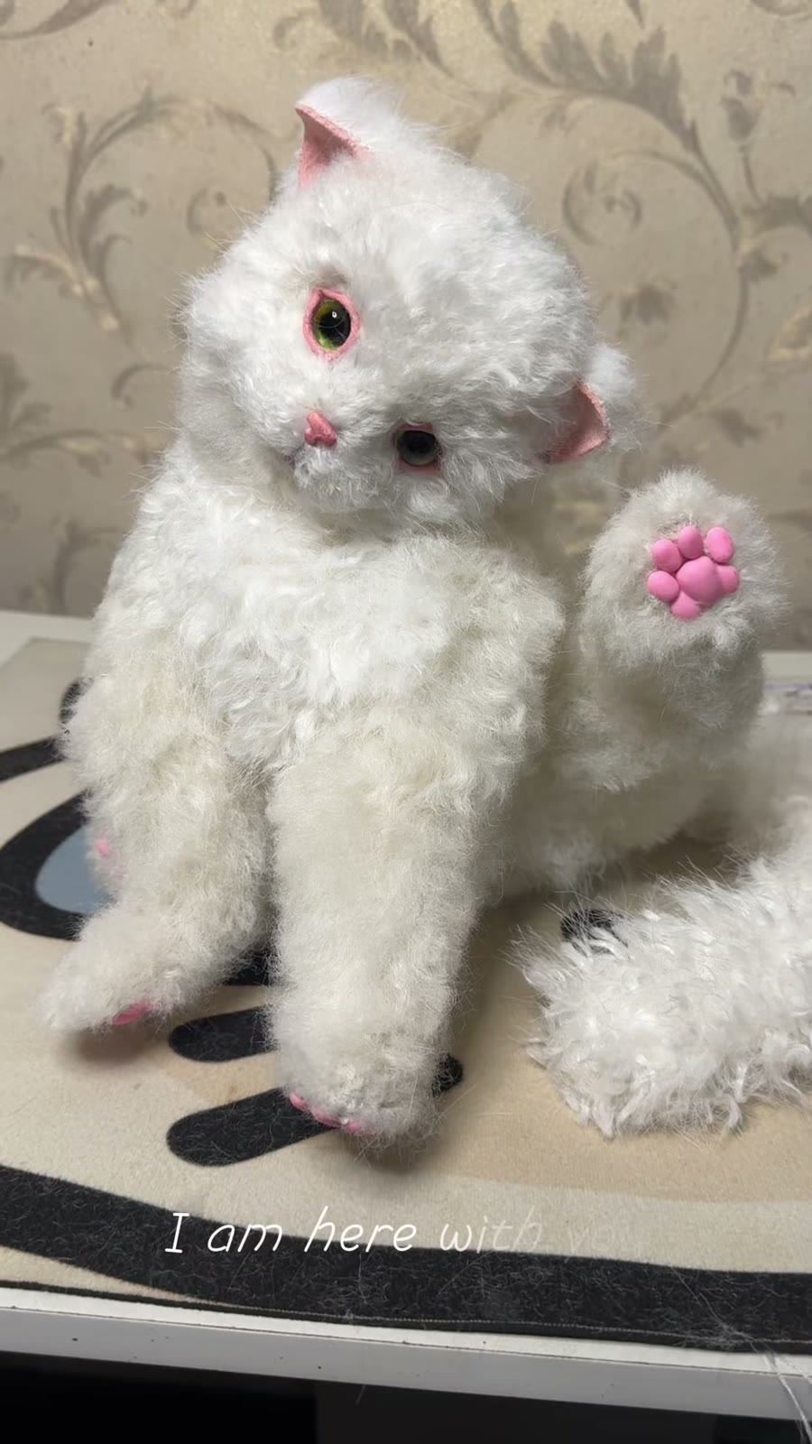 Poseable Curly Plush Cat Doll with Articulated Limbs