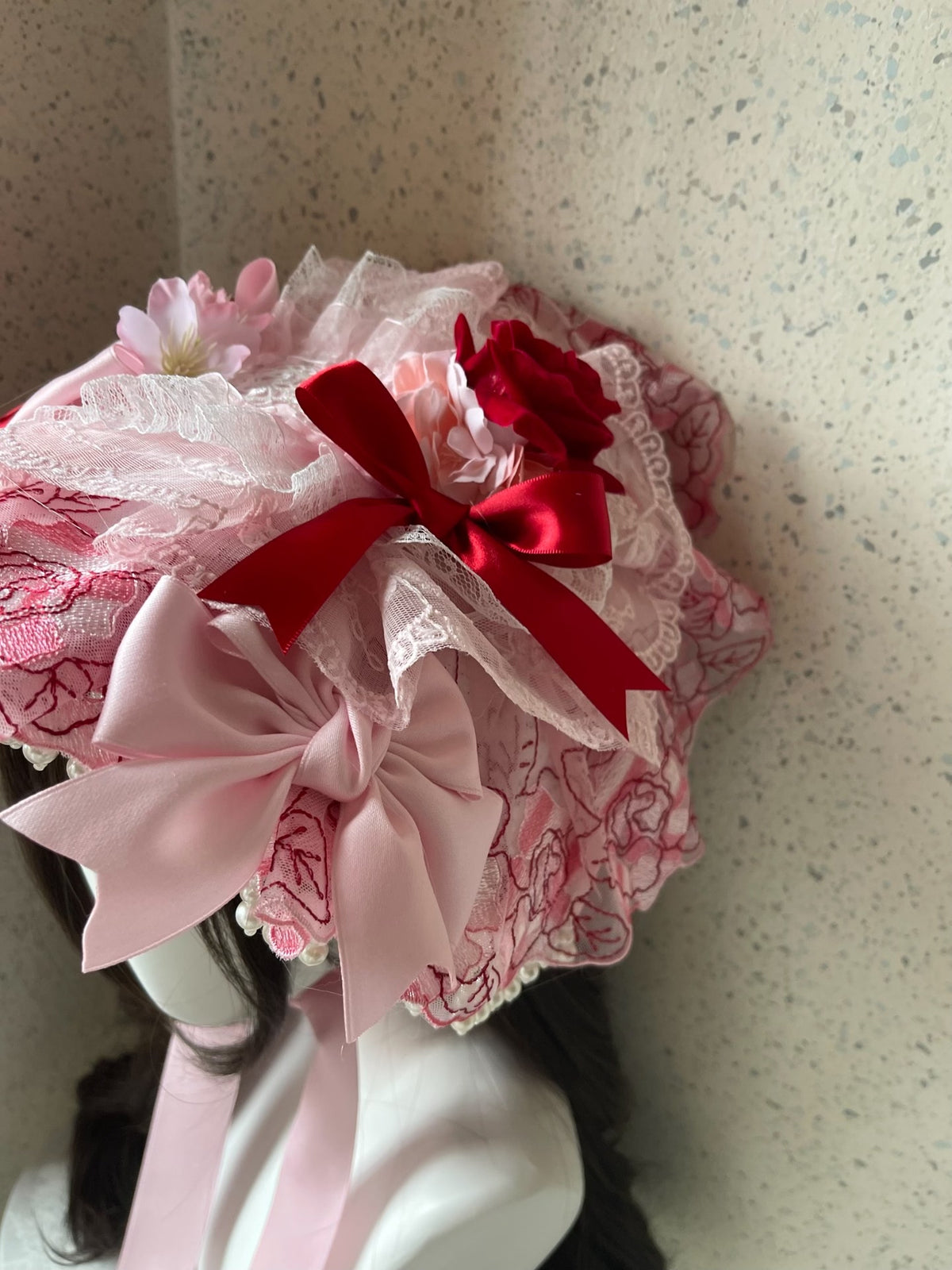 Lolita Pink Lace Bonnet Handmade