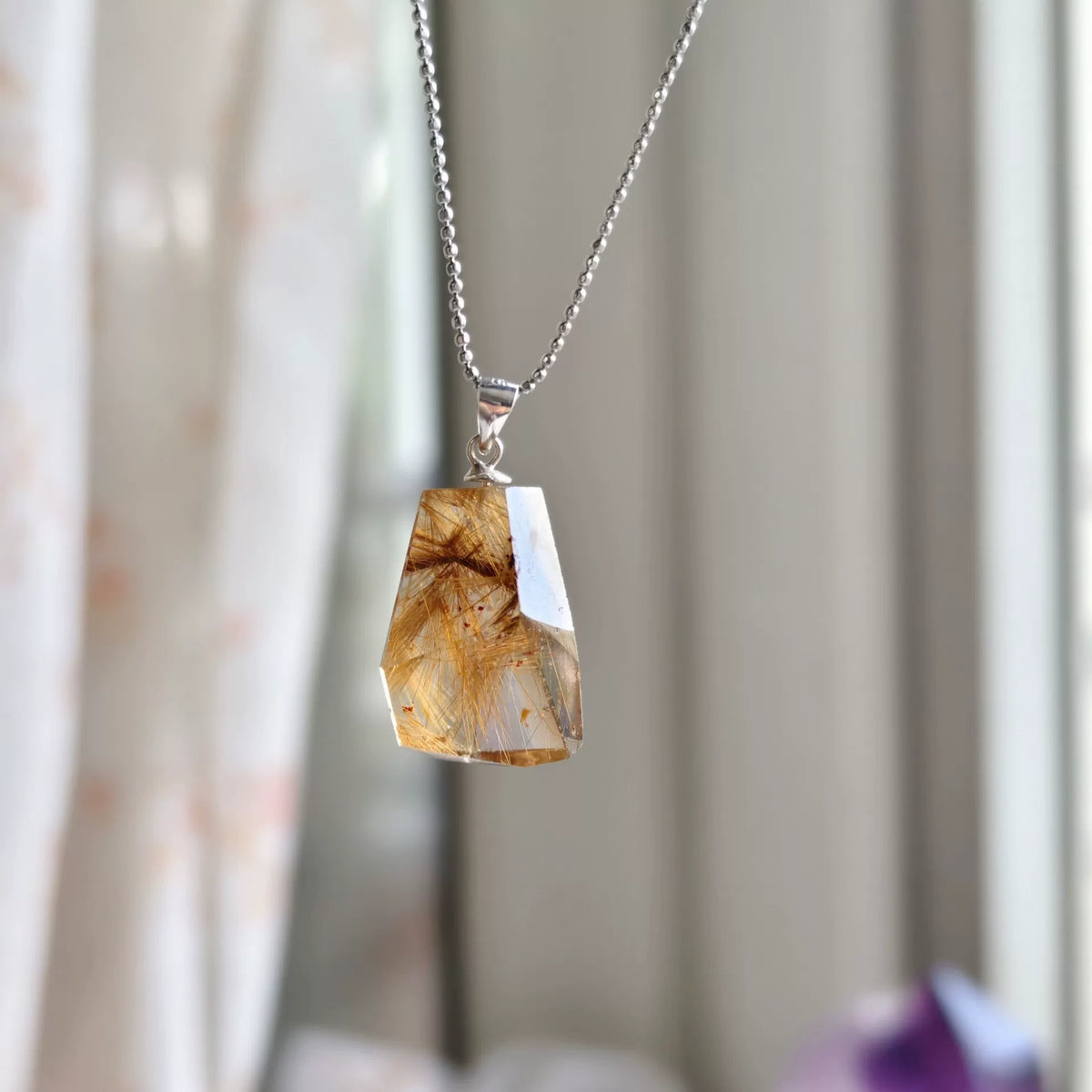 Rutilated Quartz Titanium Pendant with Ball Chain