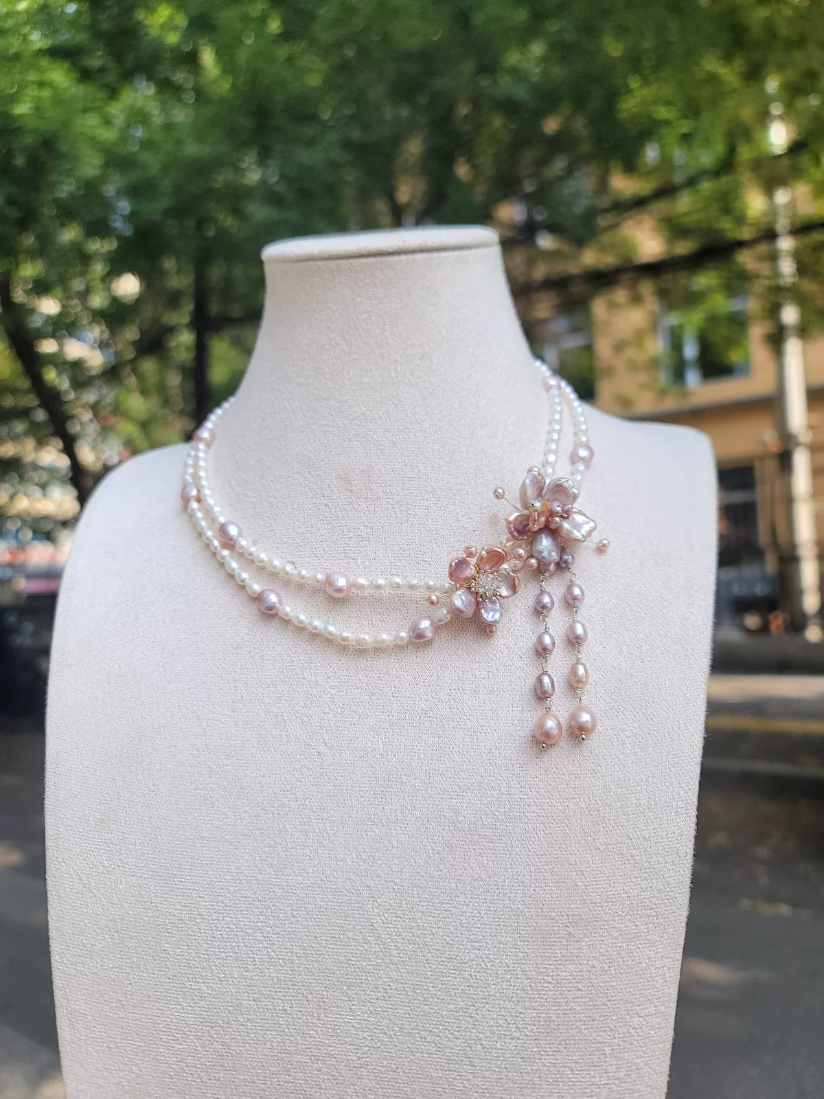 Collana Fiore a Doppio Filo con Perle Naturali