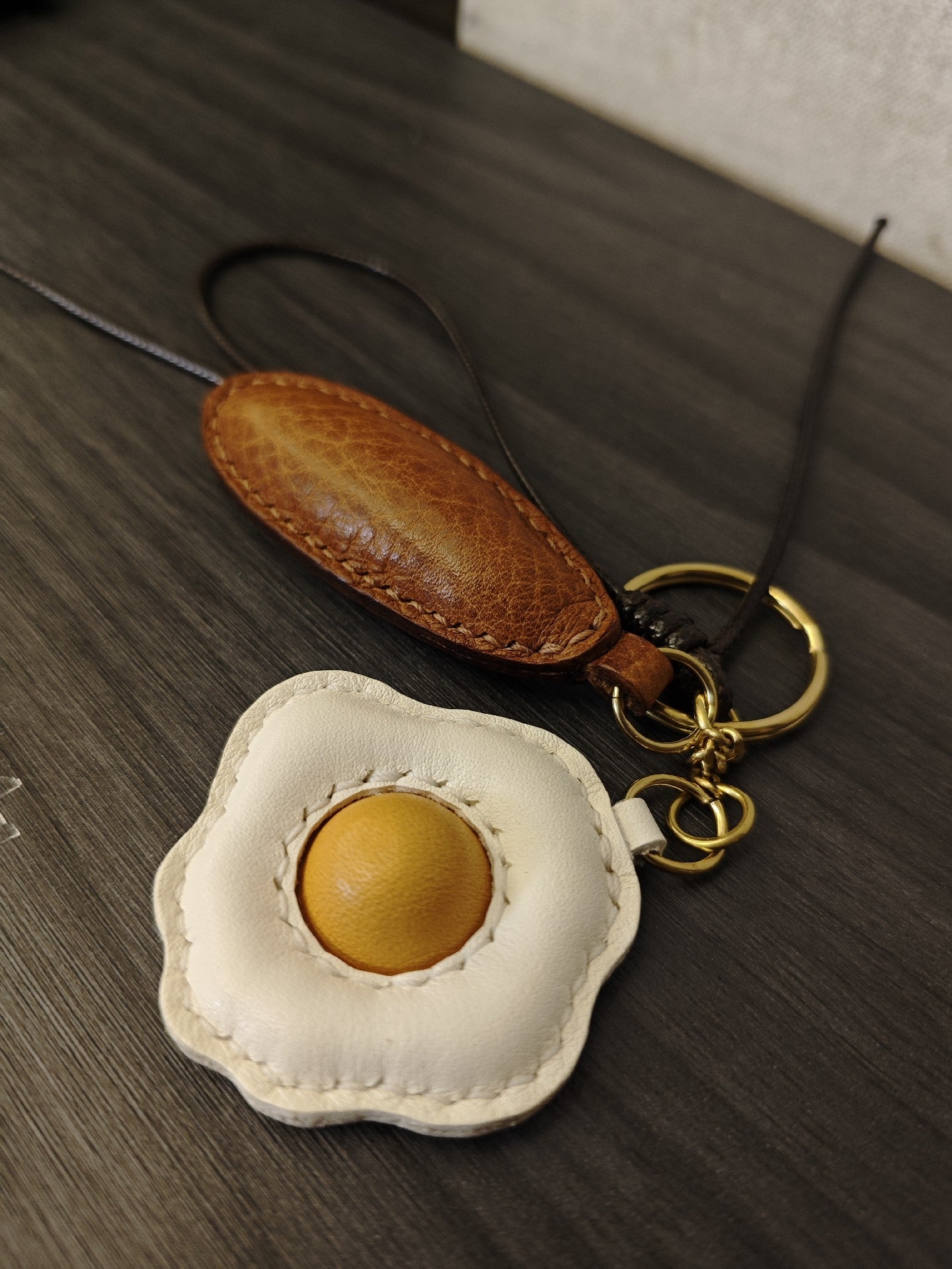 Handmade Leather Fried Egg and Baguette Keychain Set