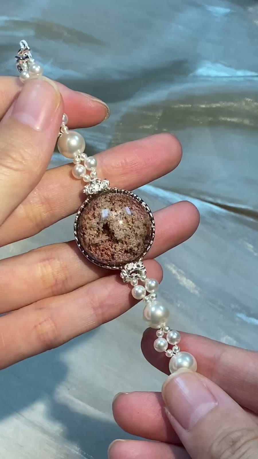 Pink Phantom Quartz Bracelet with Swarovski Pearls