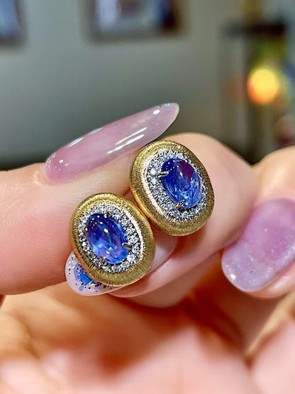 18K Gold Natural Unheated Burma Sapphire 1.65ct Stud Earrings with Diamond Halo