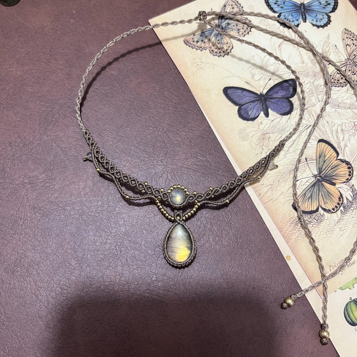 Macrame Waxed Cord Choker Necklace Labradorite