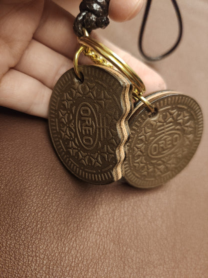Handmade Oreo Cookie Leather Keychain with Bite Detail