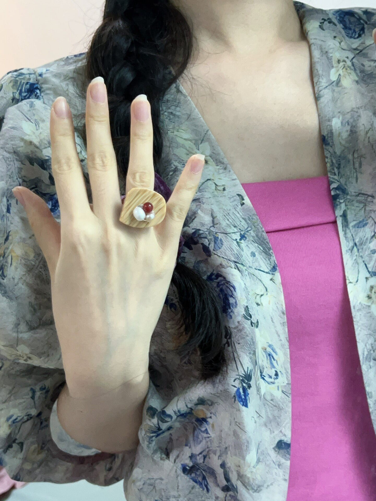 Vintage Chinese Style Pearl Agate Ring