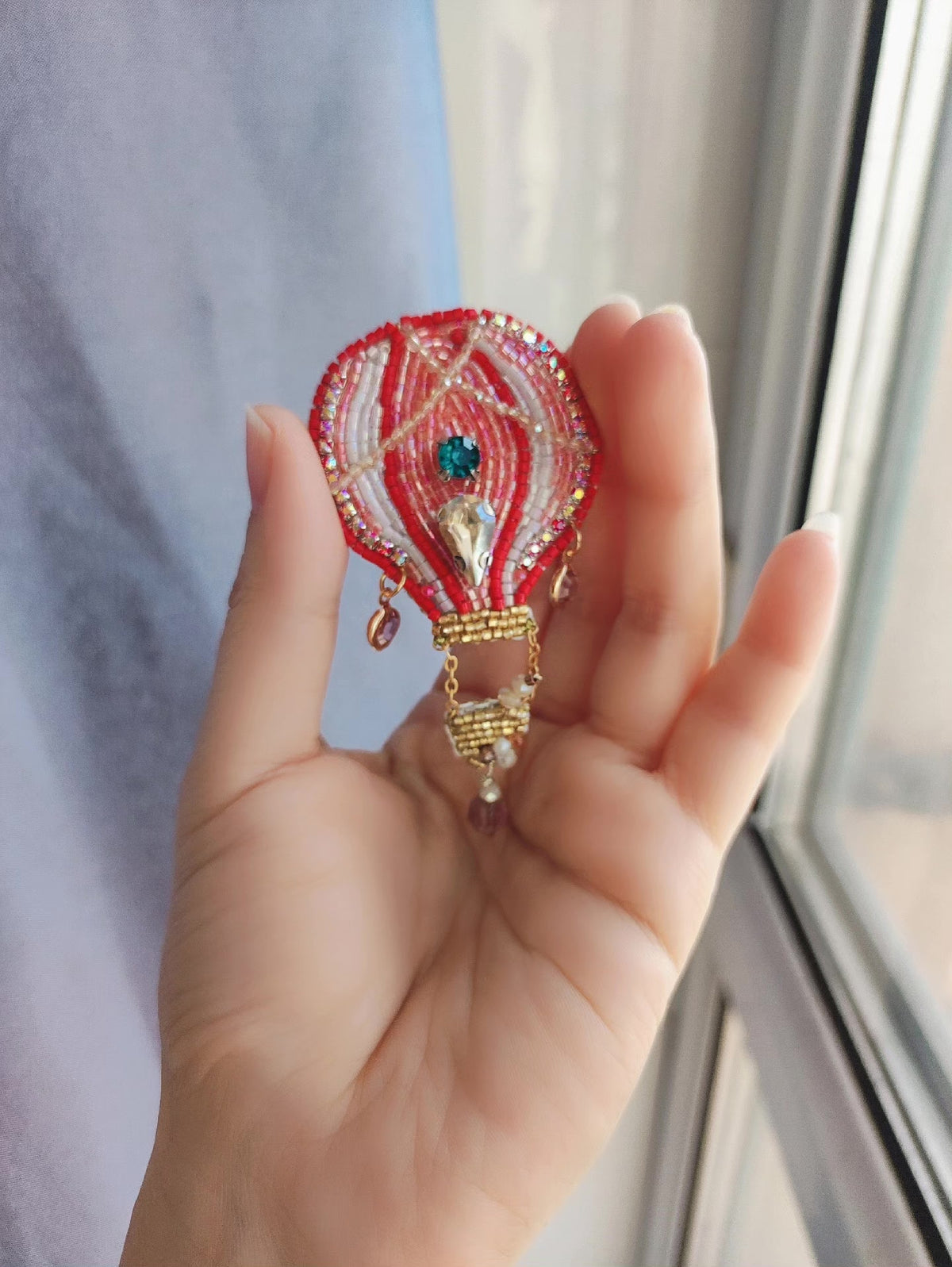 Beaded Hot Air Balloon Brooch Red Teal Crystal