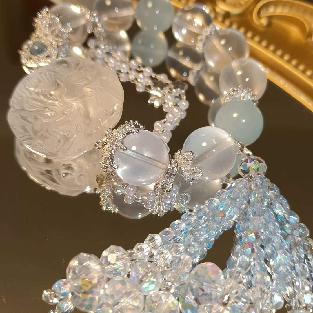 Pulsera de Cristal Blanco Tallado y Aguamarina