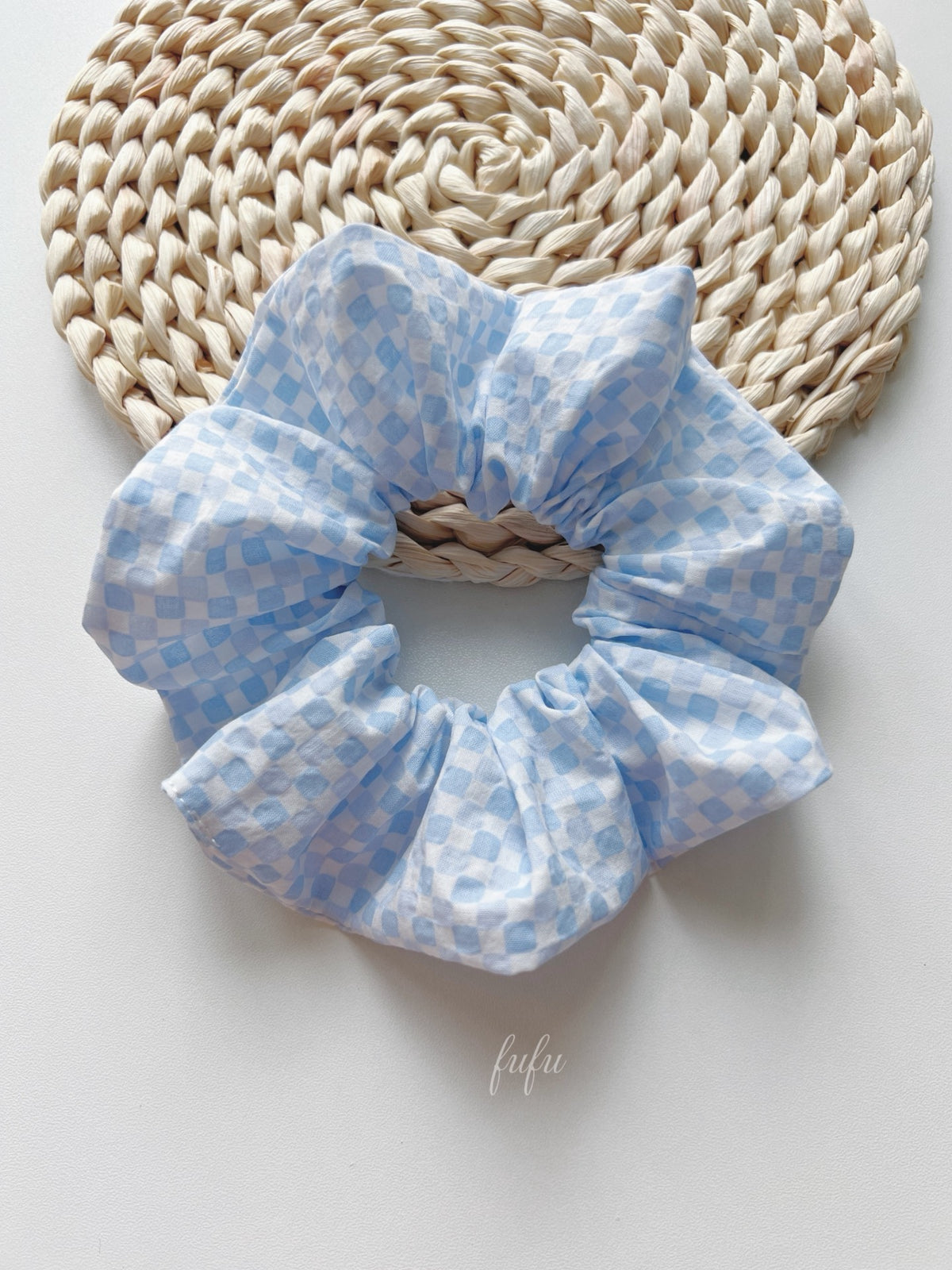 Handmade Blue Checkered Fabric Scrunchie