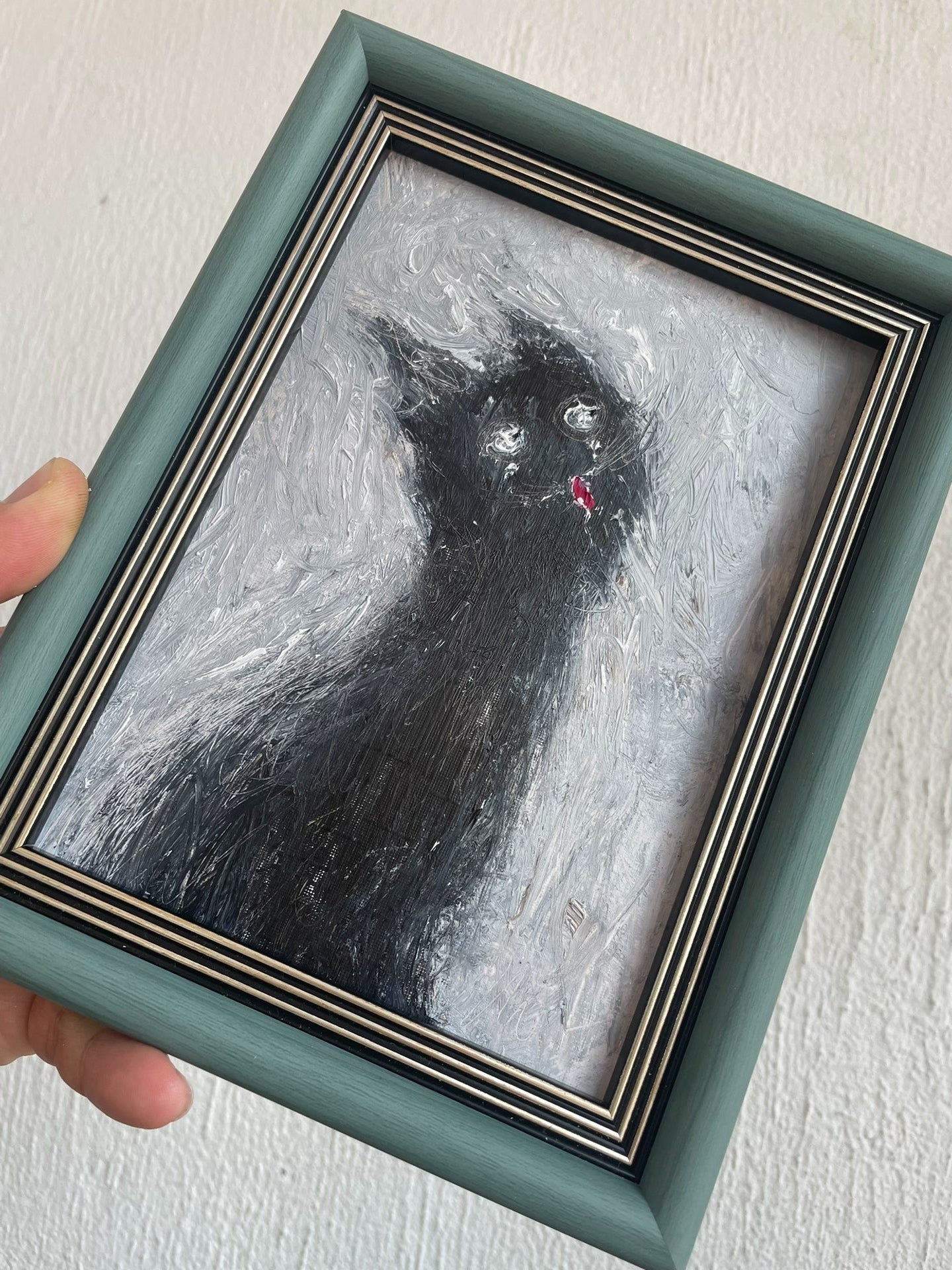 Hand-Painted Oil Artwork Black Cat Teal Frame Tabletop Display