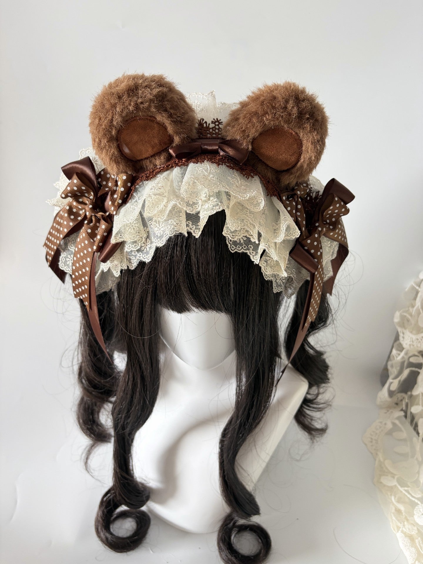 Brown Chocolate Bear Ear Lolita Headband with Lace and Bows