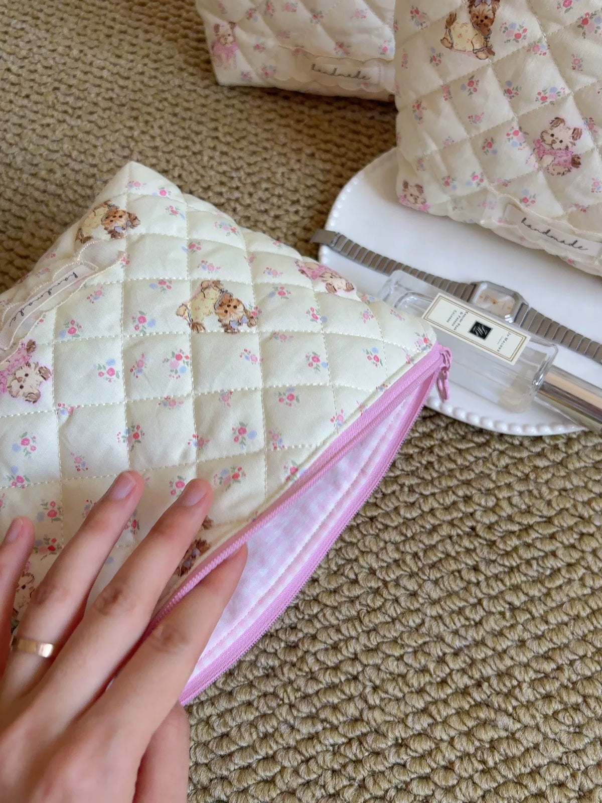 Quilted Yorkie Wash Bag with Lace Handle