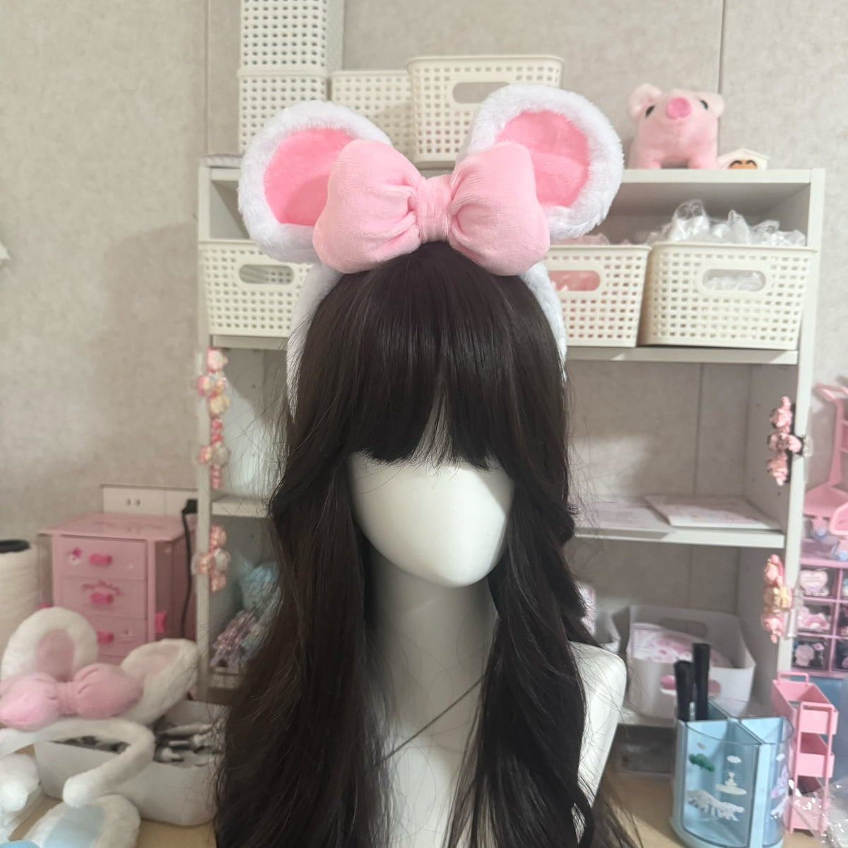 Pink Plush Bunny Ear Bow Headband