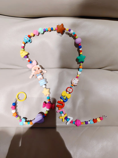 Colorful Beaded Phone Chain with Crying Character Charm