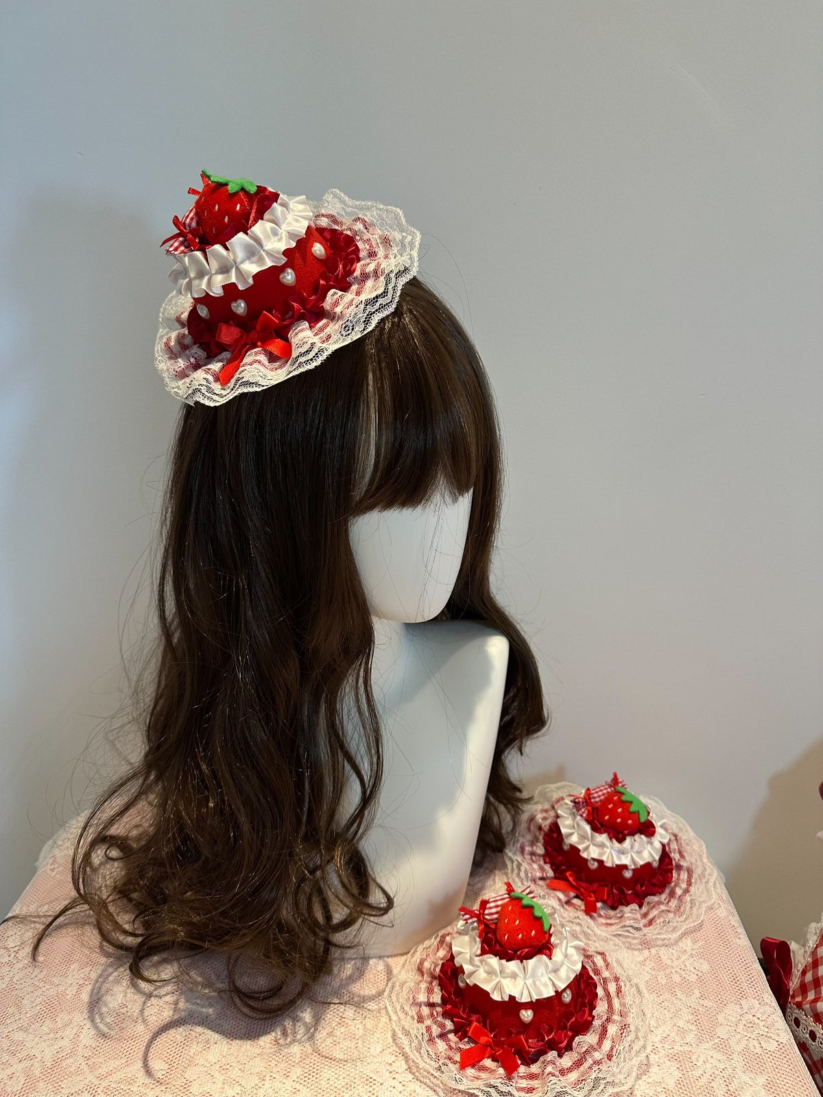 Red White Gingham Strawberry Cake Hat