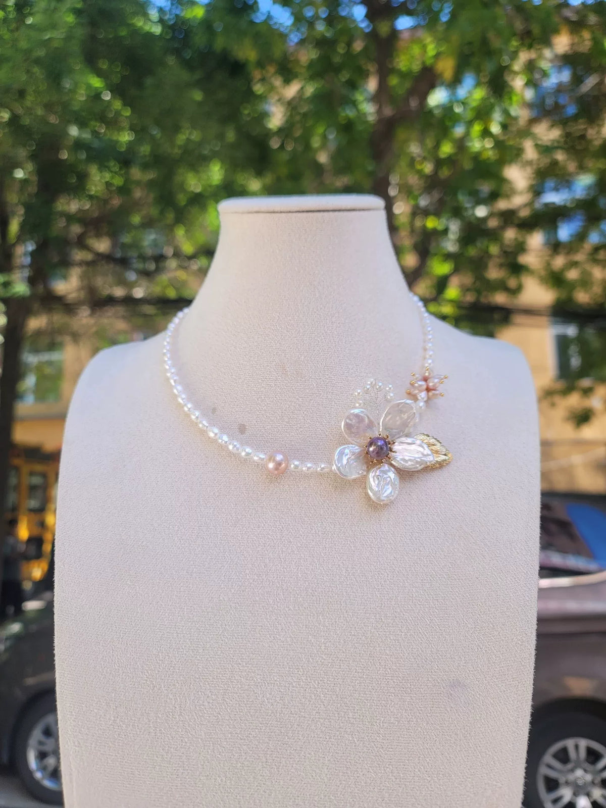 Natural Pearl Necklace with Floral Shell Pendant