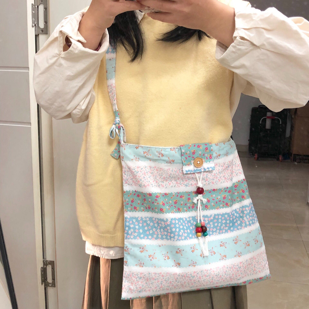 Handmade Adjustable Blue Floral Canvas Crossbody Bag