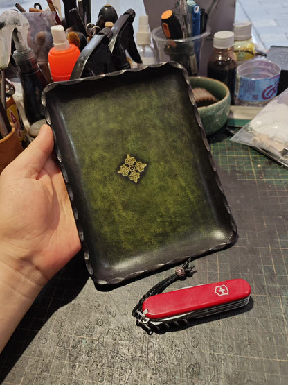Antique Green Leather Rectangular Tray with Gold Carved Center and Scalloped Edges