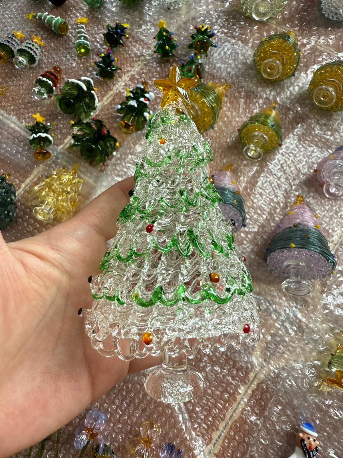Glass Christmas Tree Figurines with Green Swirls