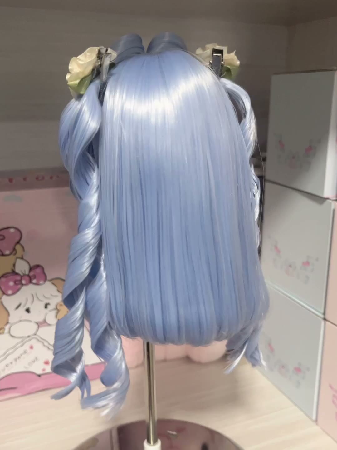 Peluca de muñeca de coletas azul pastel