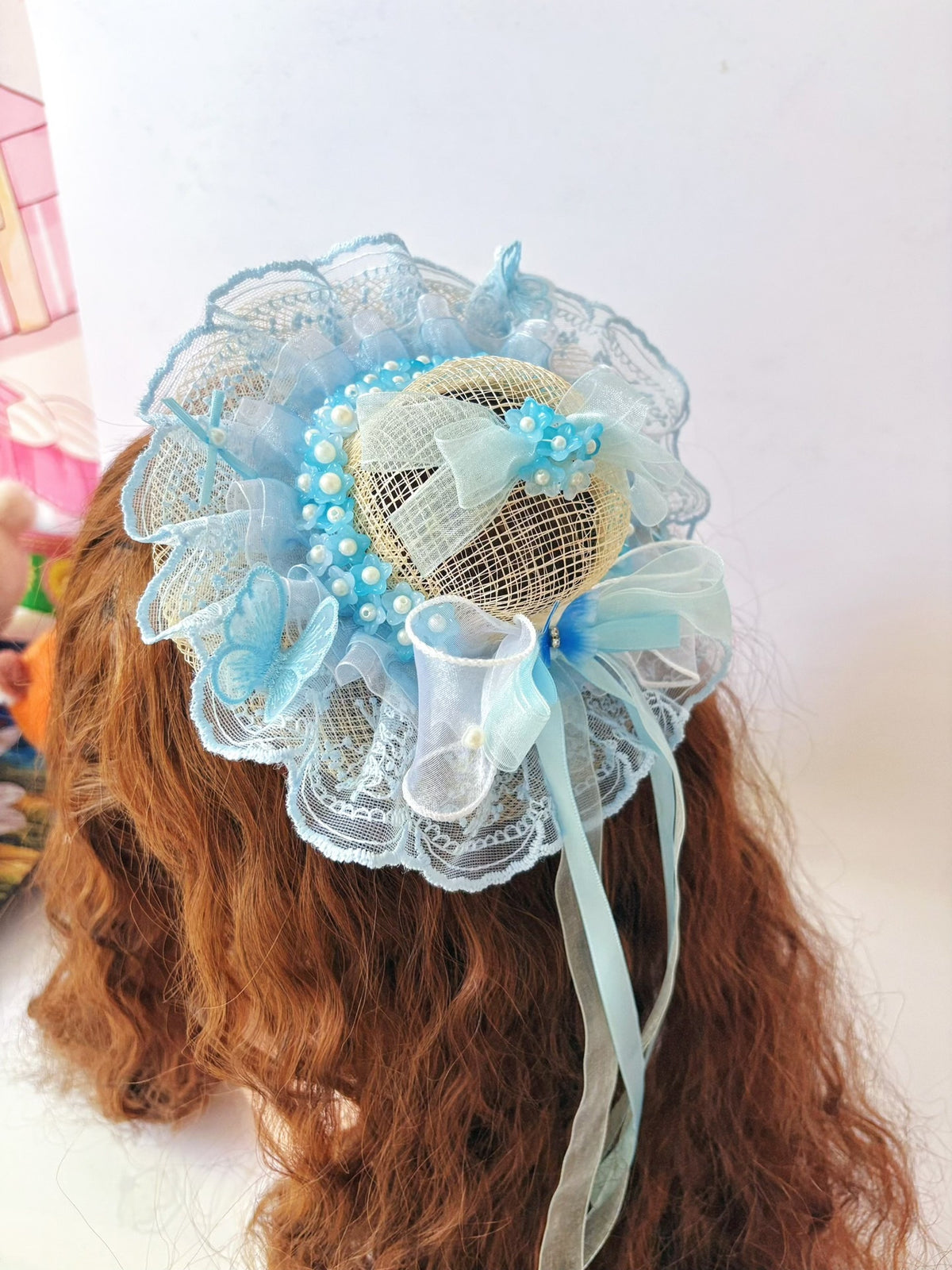 Blauwe Lolita Stroen Kant Fascinator Hoed