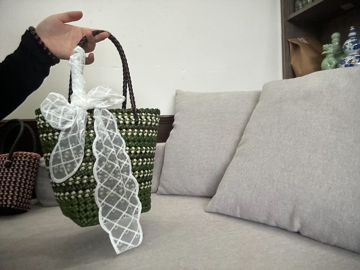 Handwoven Rattan Tote Bag Olive White