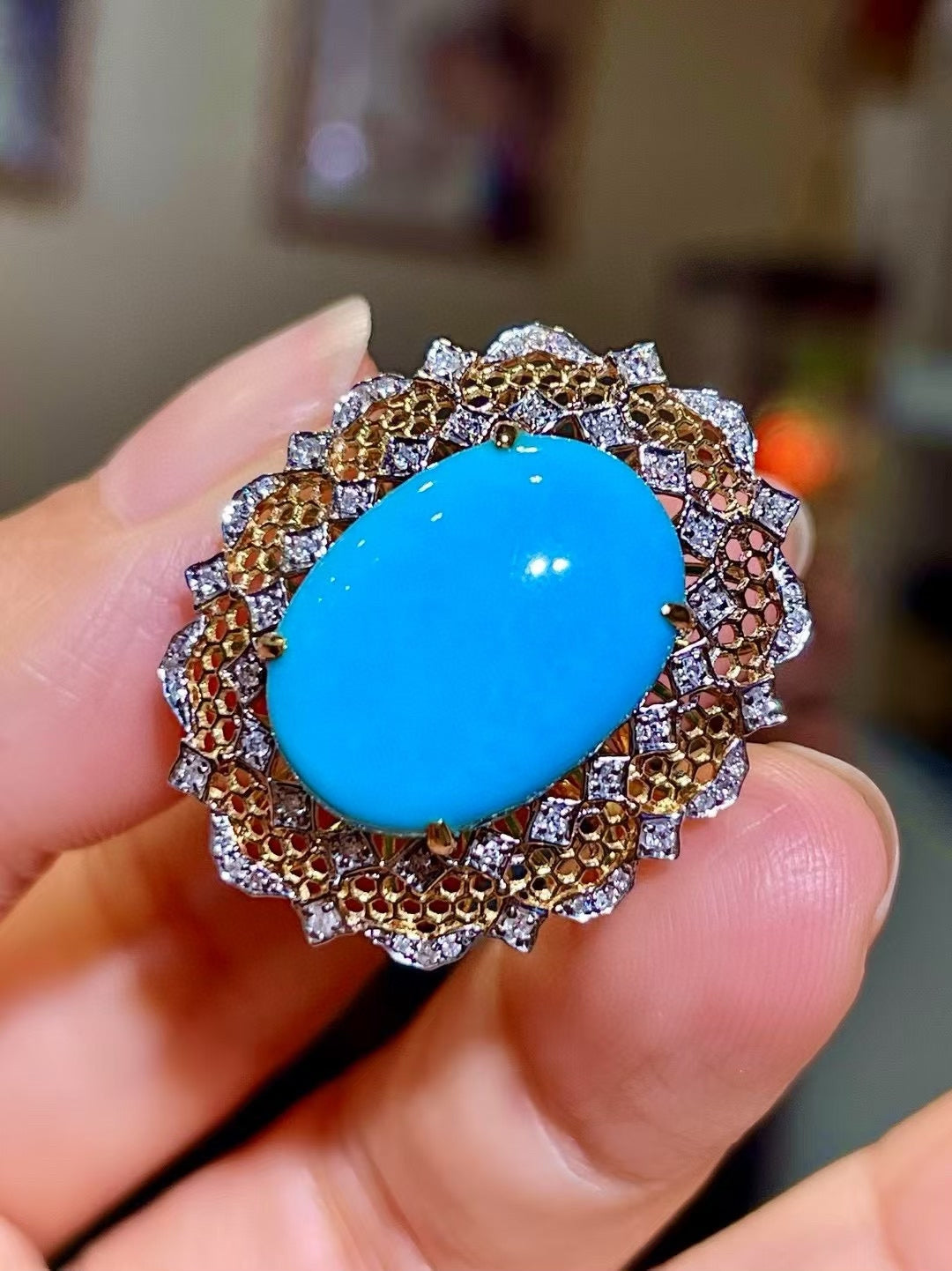 18K Two-Tone Gold Ring with Oval Cabochon Blue Stone and Diamond Halo