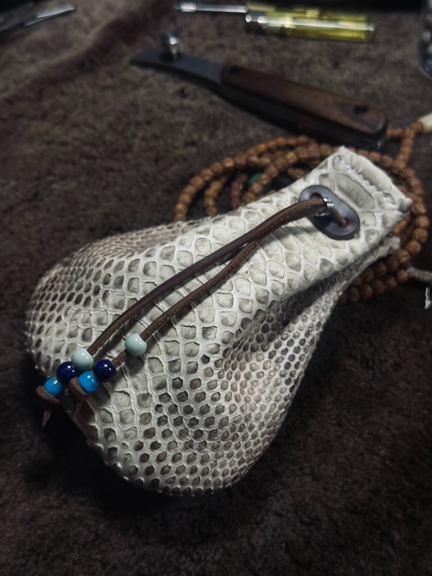Handmade Leather Dragon Scale Pouch with Drawstring Closure