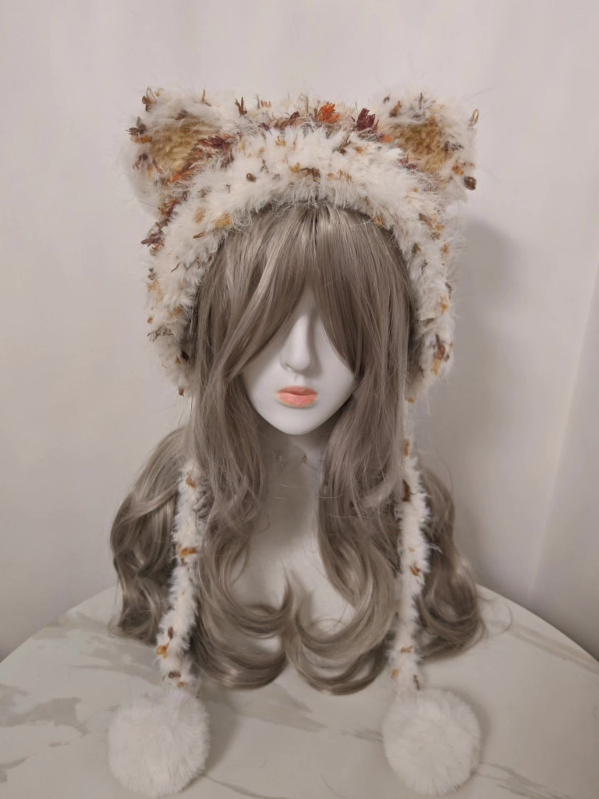 Milk Coffee Bear Hat with Faux Fur Pom Poms