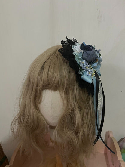 Handmade Lolita Blue-Black Flower Clip Brooch Two-Way Accessory