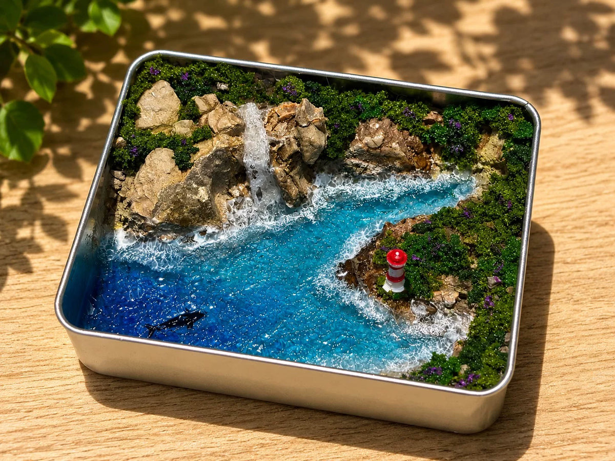 Handgefertigte Miniatur-Wasserfall-Insel-Blechdosenszene