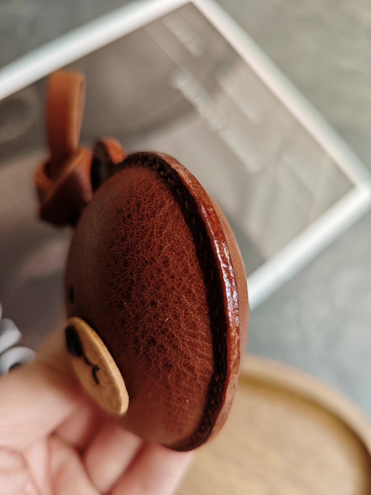 Hand-Stitched Brown Bear Head Leather Keychain Bag Charm
