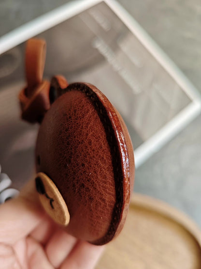 Hand-Stitched Brown Bear Head Leather Keychain Bag Charm
