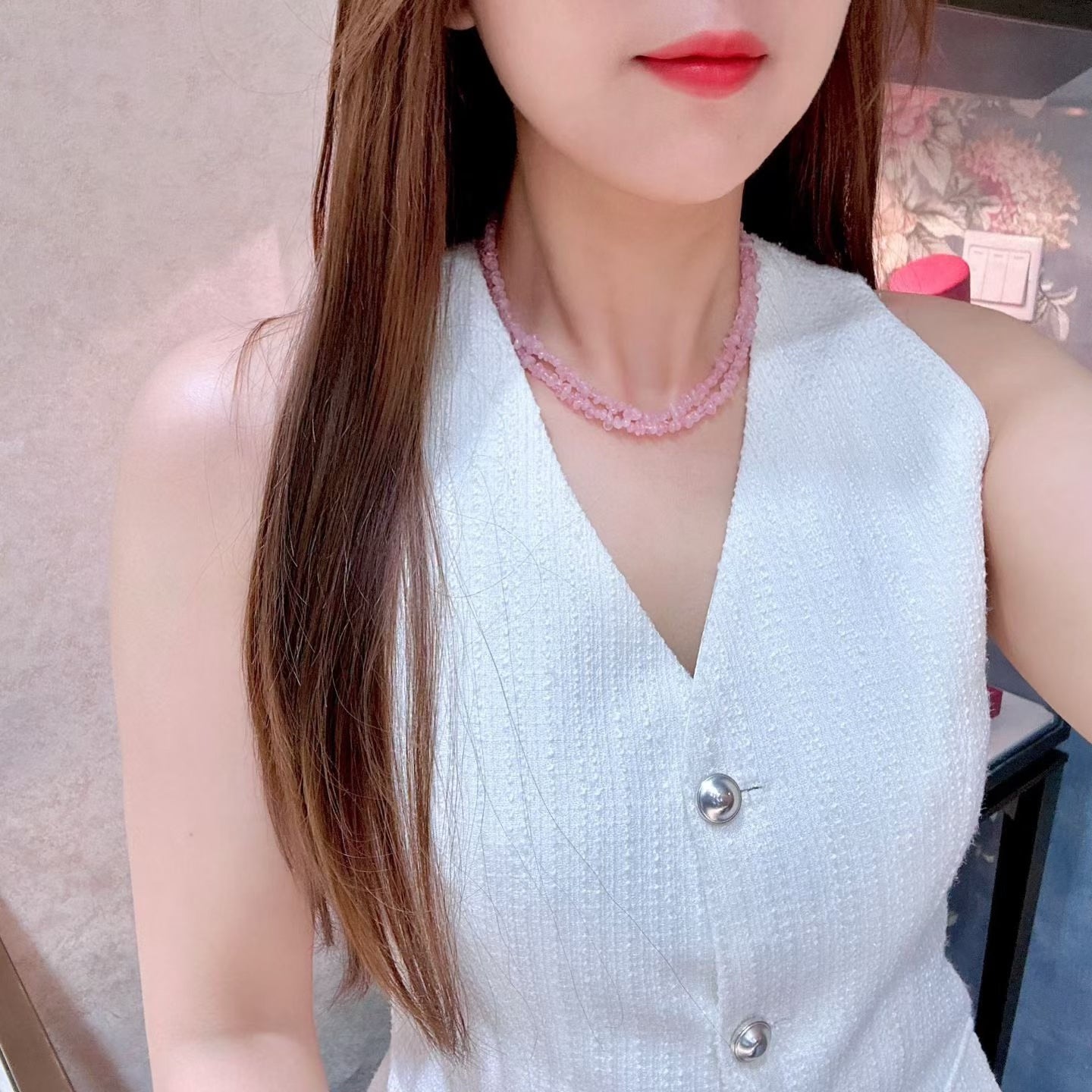Double-Strand Pink Crystal Chip Necklace, 40cm