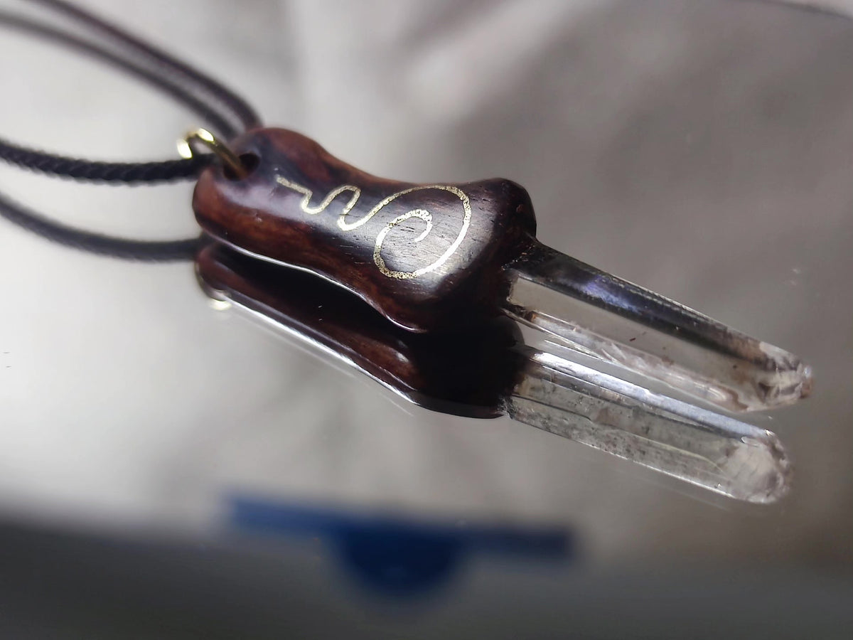 Quartz Crystal Pendant with Wooden Cap