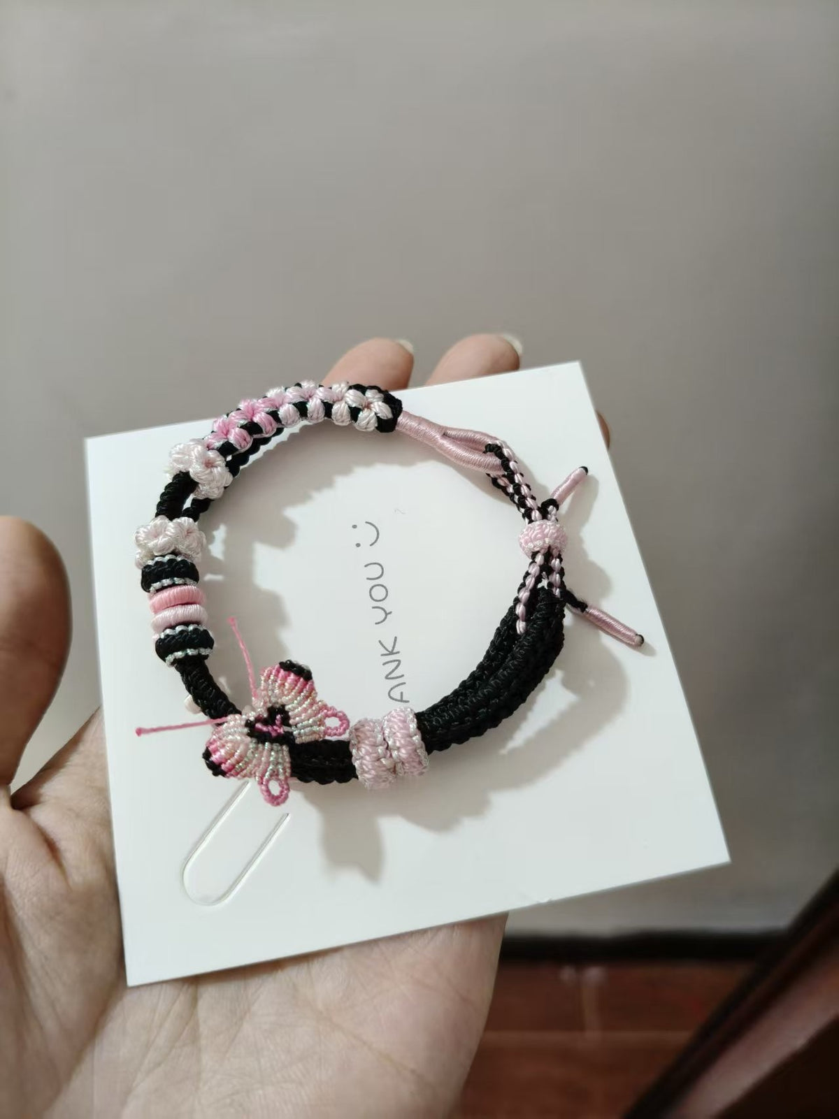 Handwoven Black Pink Gradient Bracelet with Butterfly Charm