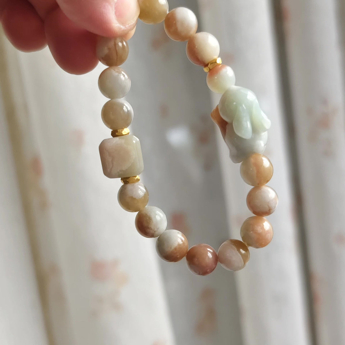 Cherry Blossom Agate Rabbit Charm Beaded Bracelet