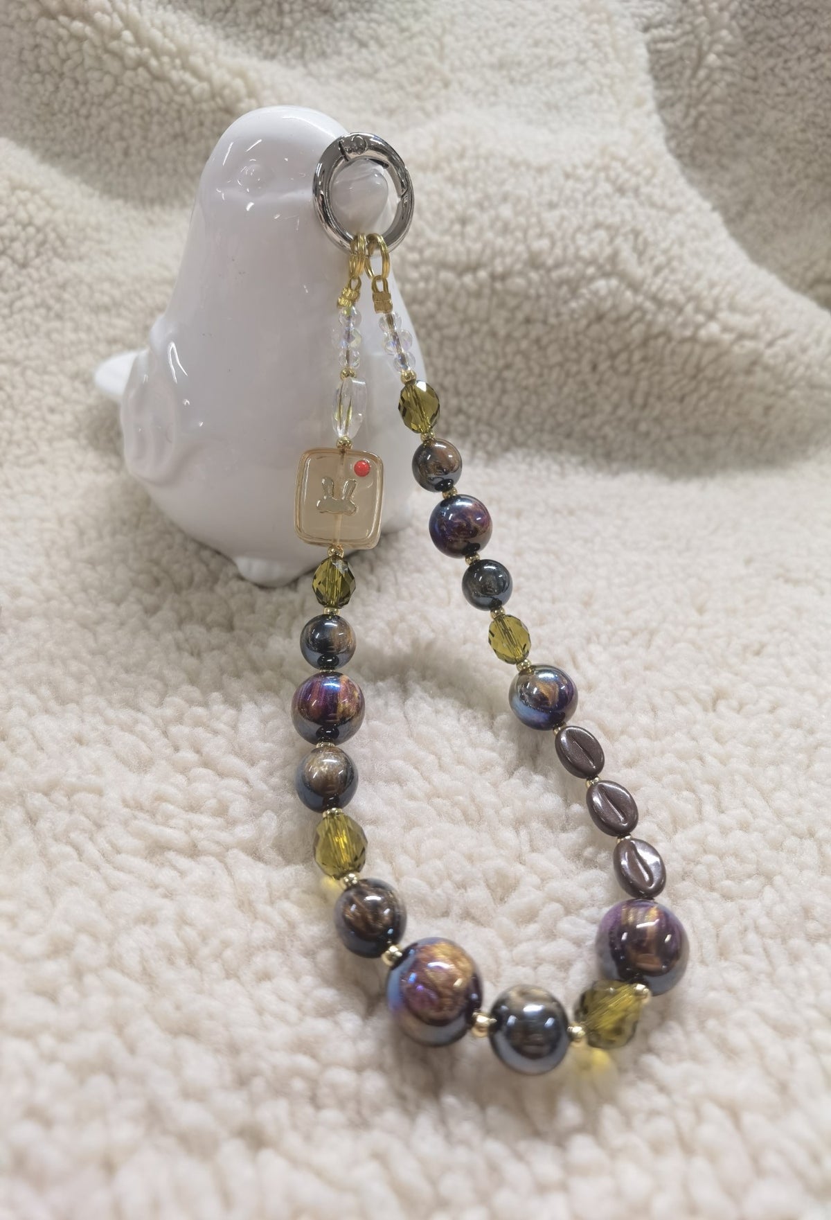 Handcrafted Beaded Coffee Bean Rabbit Phone Charm