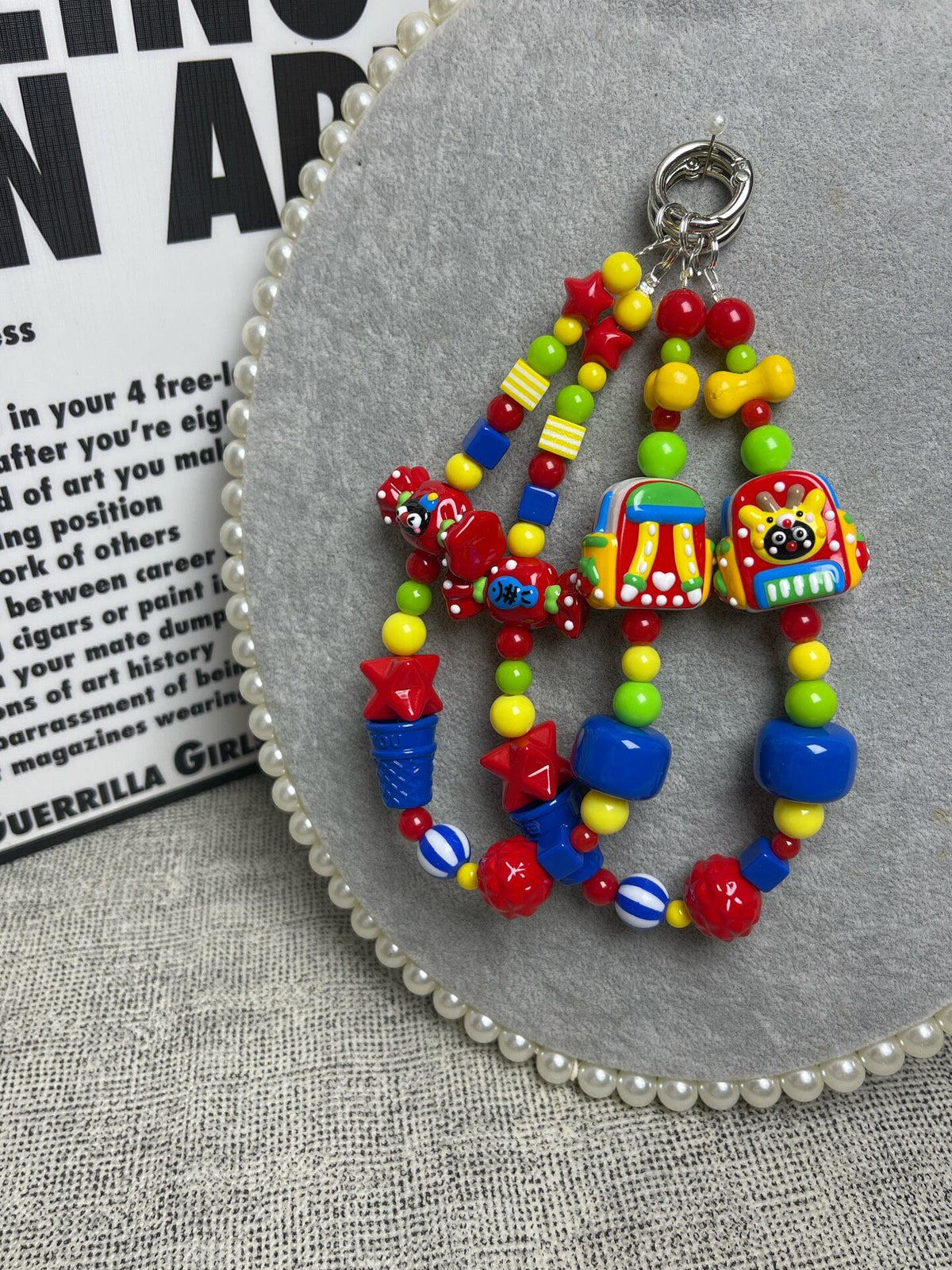 Handmade Cartoon Phone Charm with Lion Dance Beads