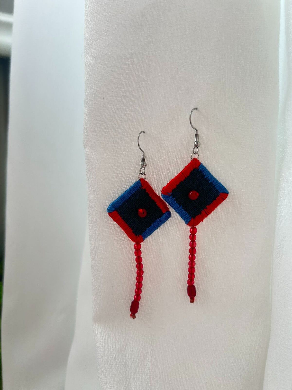 Handmade Fabric Earrings Navy Blue Diamond