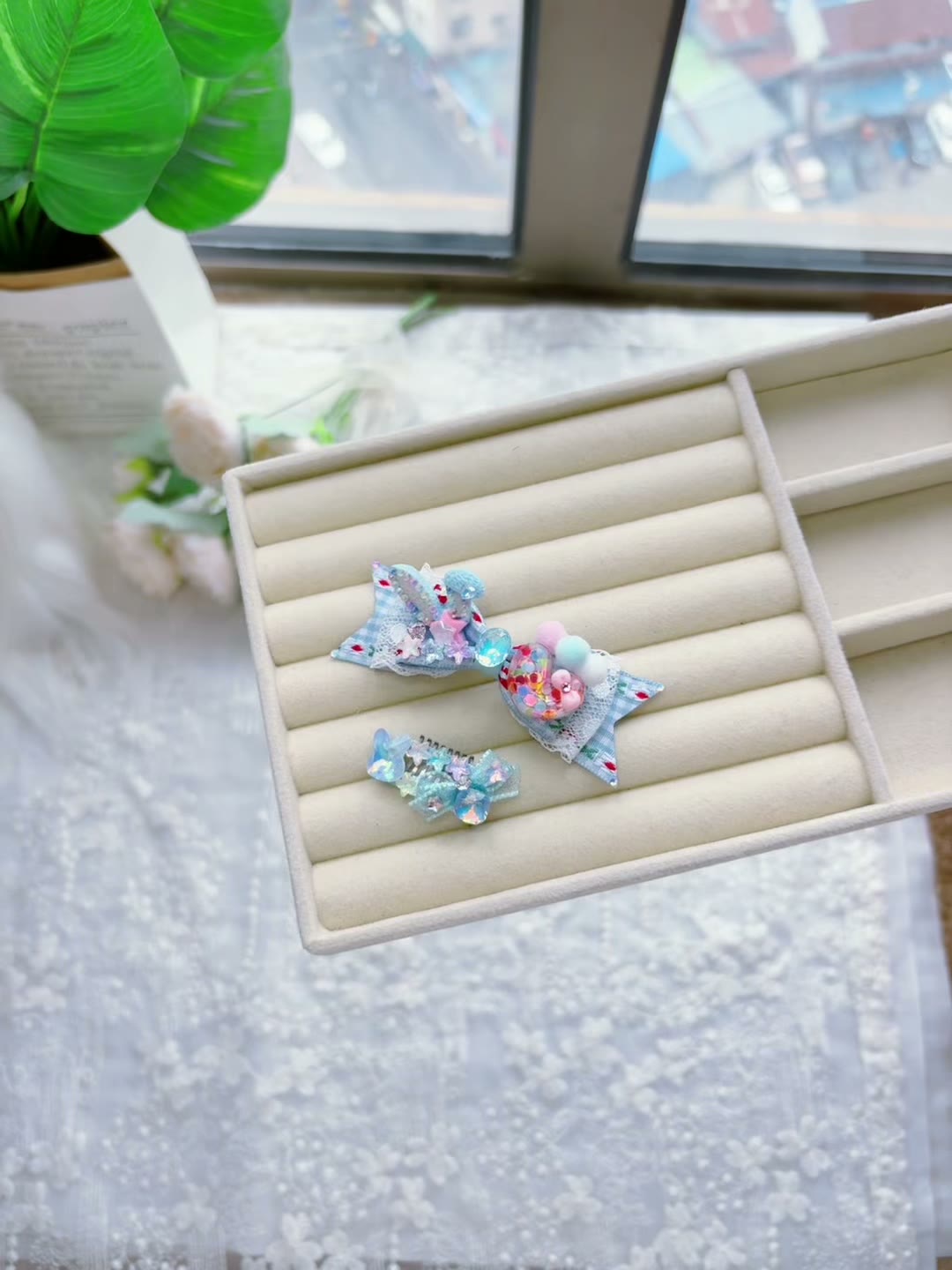 Handcrafted Blue Pet Hair Bow Clip Set