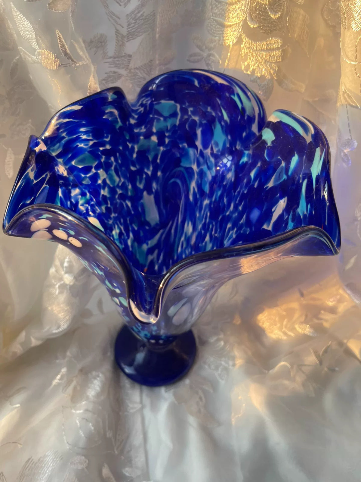 Cobalt Blue Speckled Glass Ruffled Vase