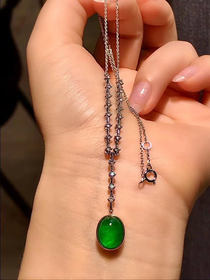 18k Gold Emerald Cabochon 3.75ct Diamond 0.52ct Drop Necklace