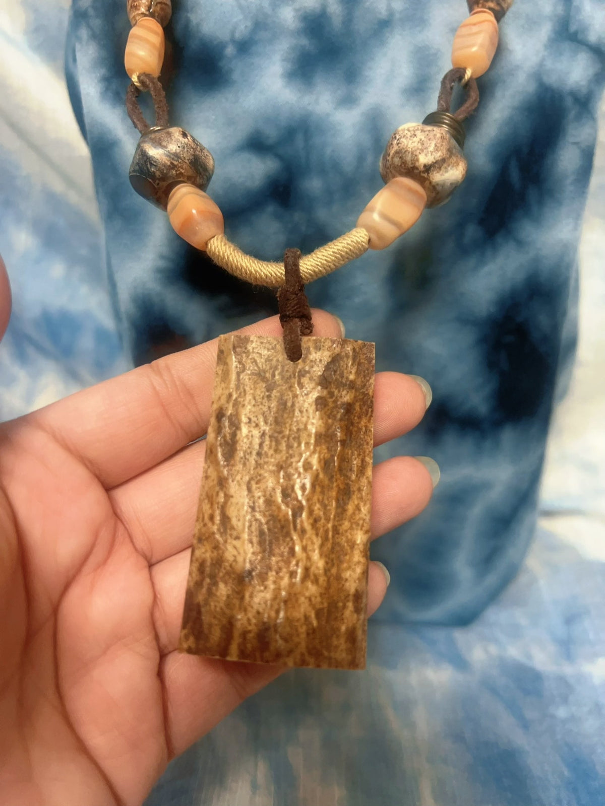 Handwoven Deer Antler Necklace with Agate Beads