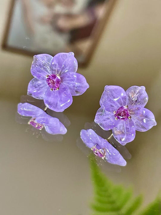 Amethyst Floral Stud Earrings with Pink Sapphire Center in 18K Gold