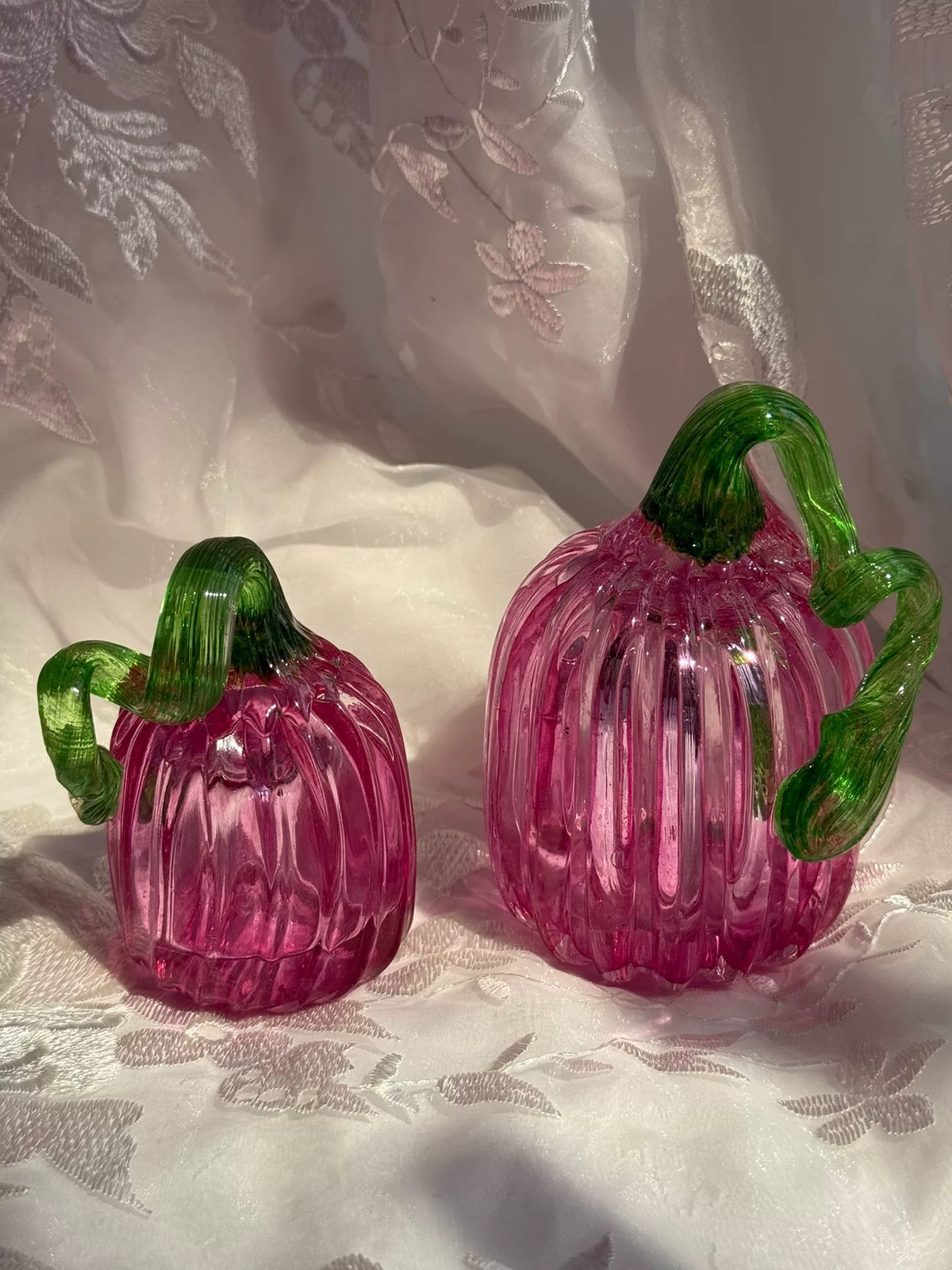 Pink Glass Pumpkin Figurines with Green Stems