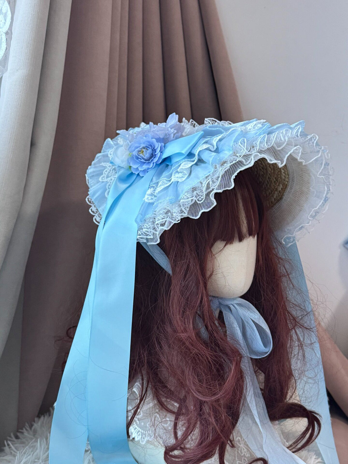 Blue Lace Straw Bonnet Lolita Headpiece