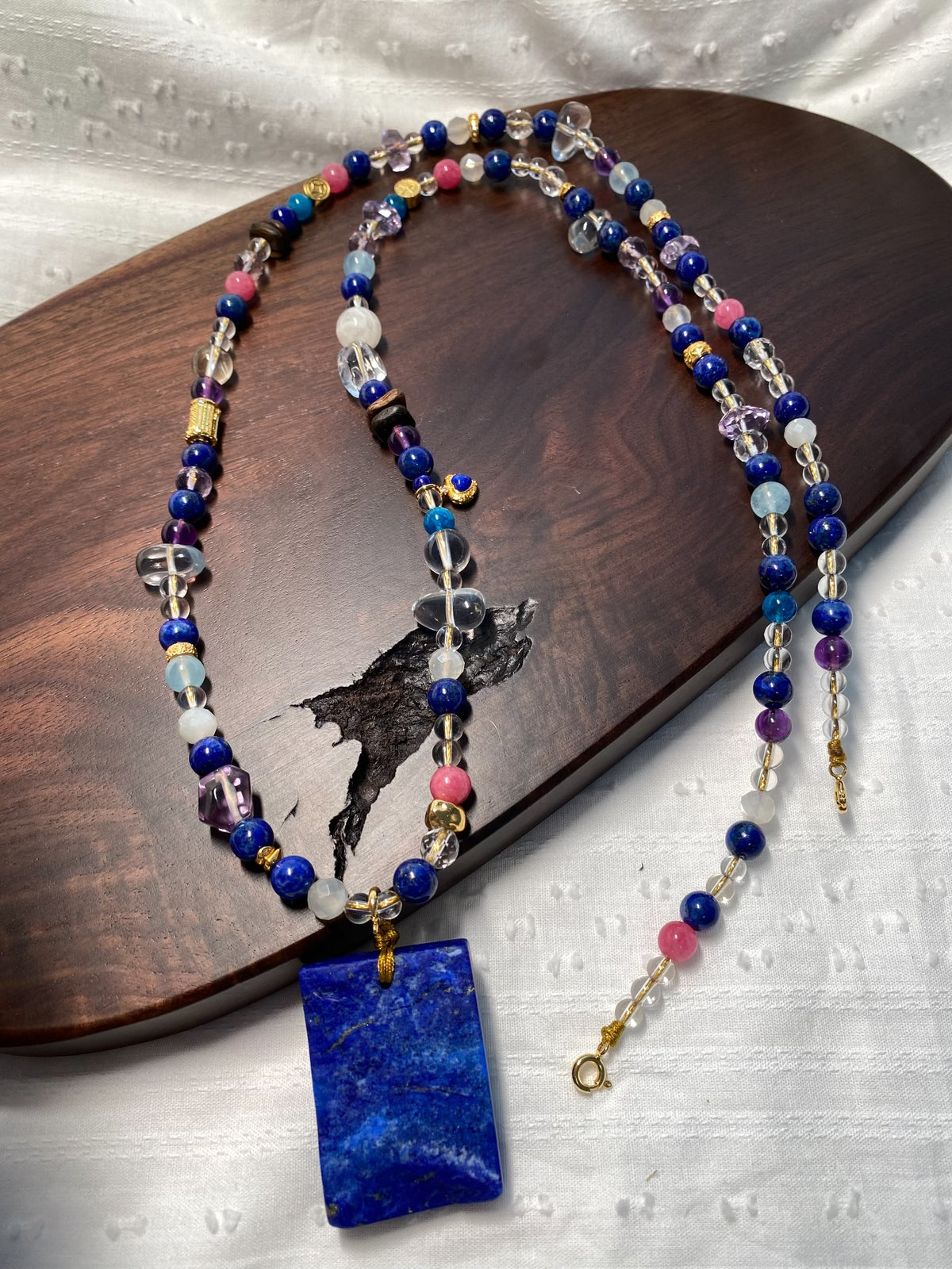 Long Multi Gemstone Necklace With Lapis Lazuli Pendant