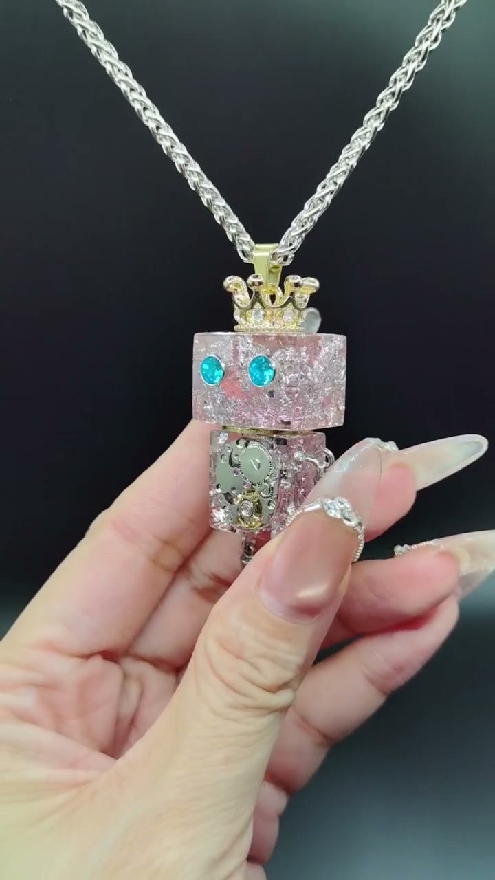 Pink Robot Pendant with Crown